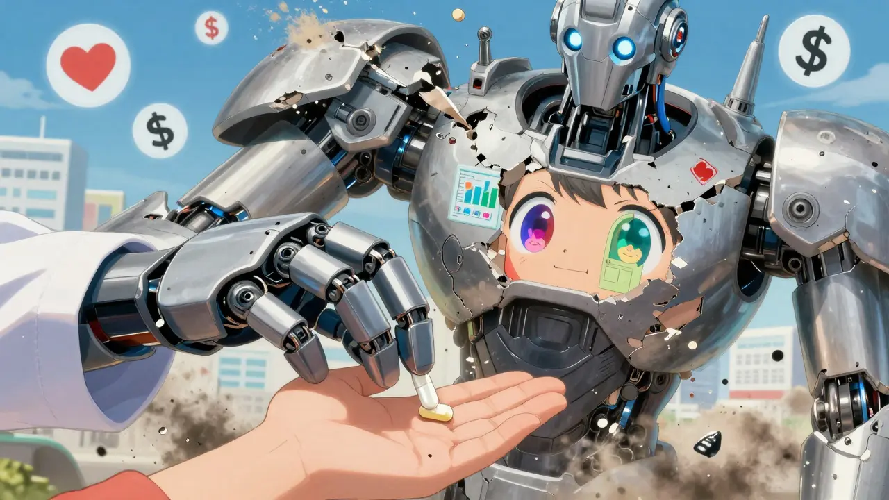 A robotic pharmacist places a generic pill in a child’s hand as a branded drug statue crumbles behind them, symbolizing cost savings and health renewal.