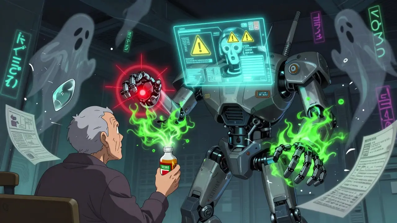 A robotic pharmacist scanning an elderly person with alcohol and Tylenol, toxic smoke rising around them.
