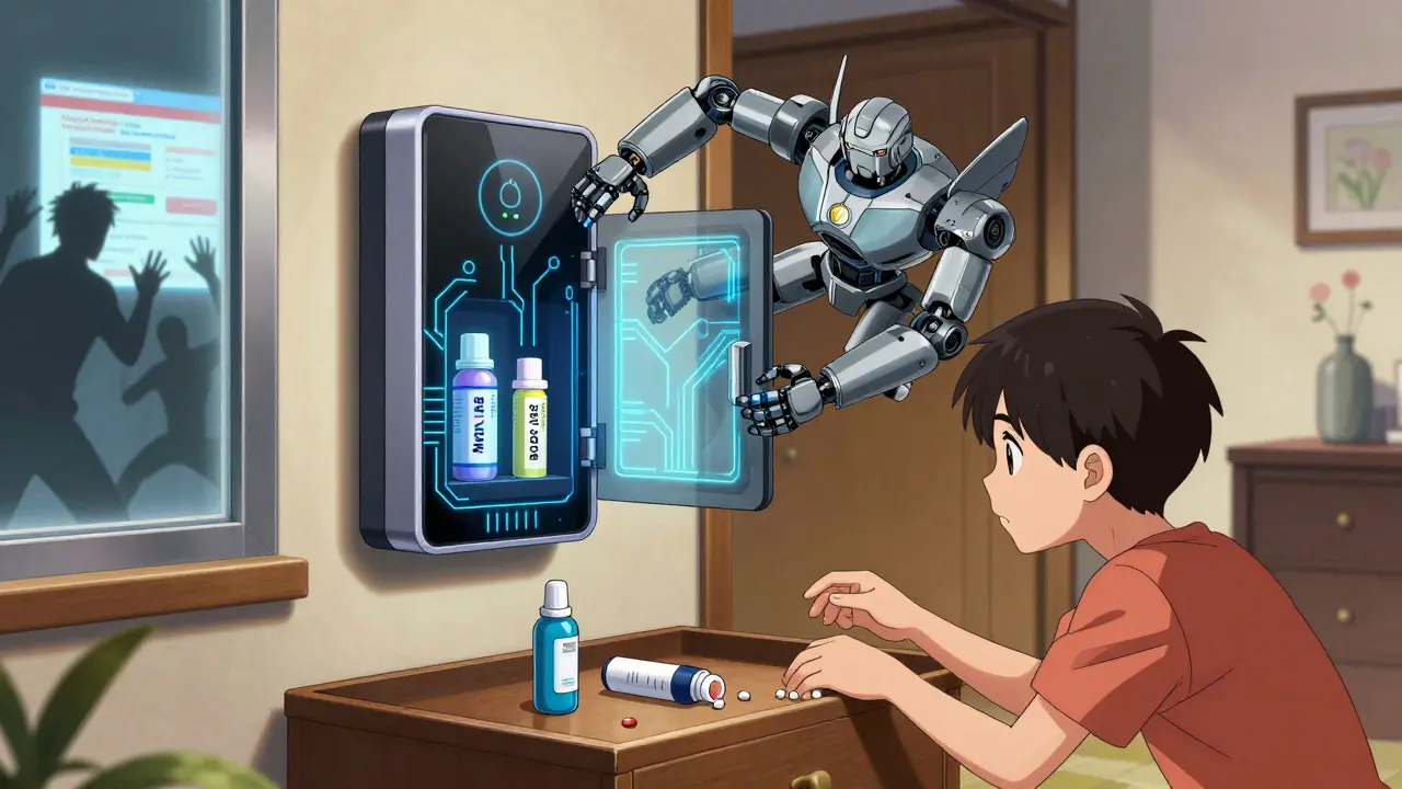 A smart lockbox opens for a family member while digital threats hover nearby in a modern living room.