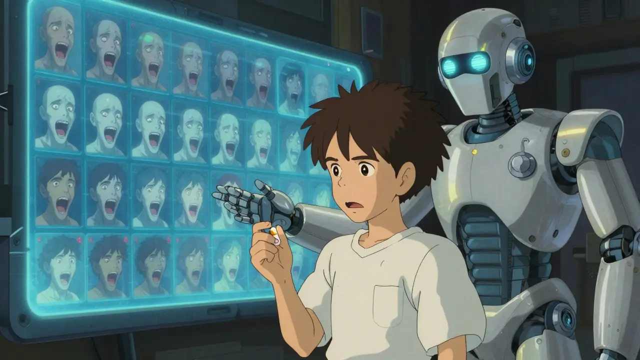 A teenager holds a real pill as a robot guardian shields them from thousands of morphing fake drug faces.