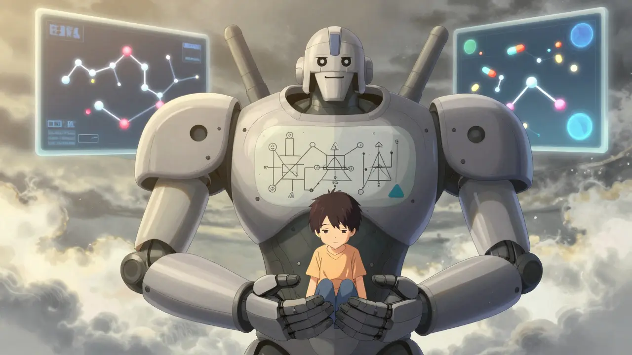 A therapeutic mech with face-shaped limbs cradles a teen while antidepressant molecules float like stars around it.