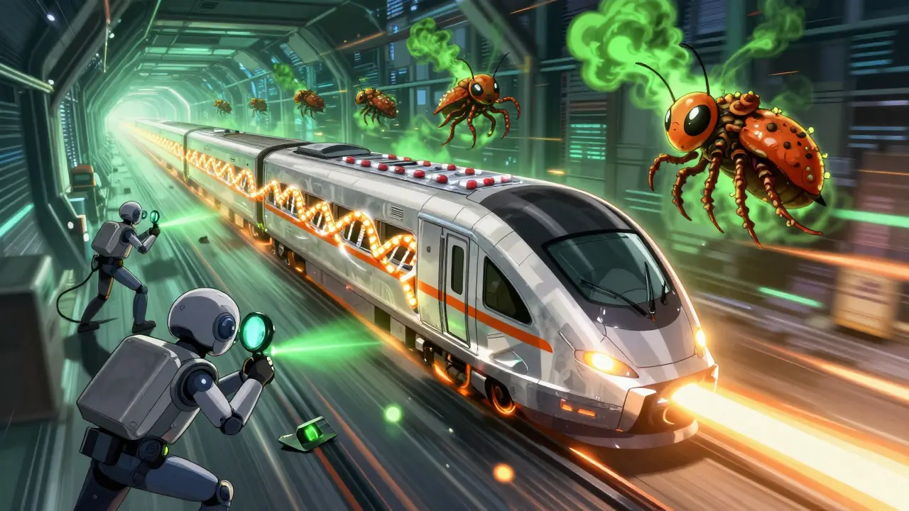 A train made of pill blister packs racing through a digital tunnel while robotic inspectors chase counterfeit tablets.