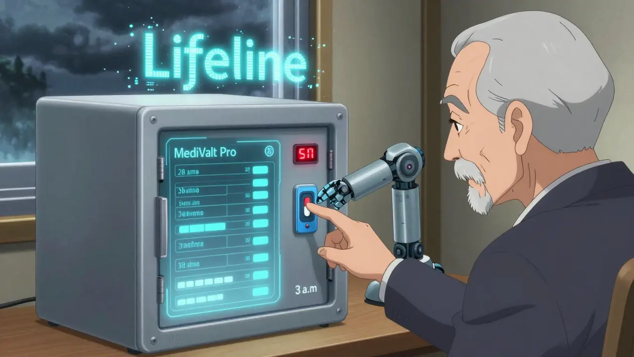 An elderly person accesses a smart lockbox that dispenses one pill at a time under night lighting.