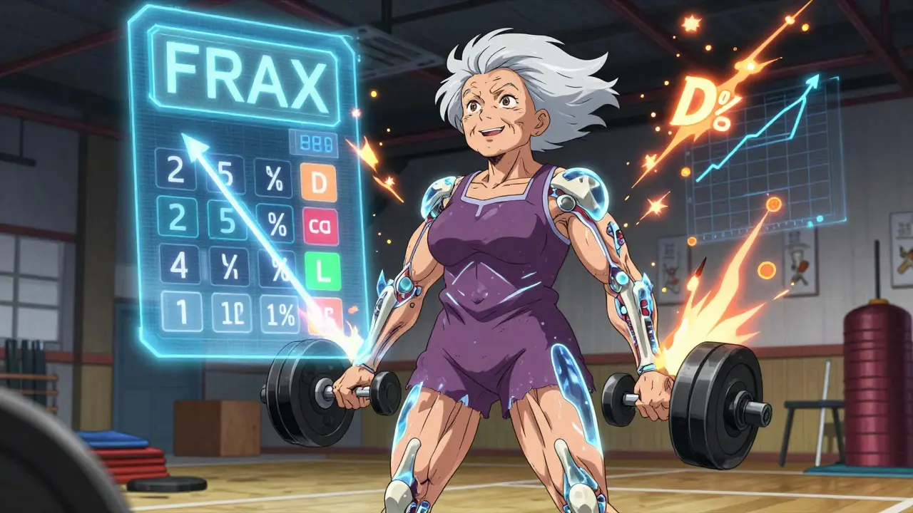 An elderly woman lifts weights with glowing bones and digital FRAX readings floating around her.
