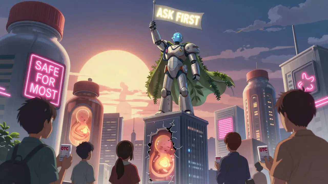 City of pill-shaped buildings cracking open to reveal embryos, a robot-midwife raising a 'ASK FIRST' banner under a pregnant sun.