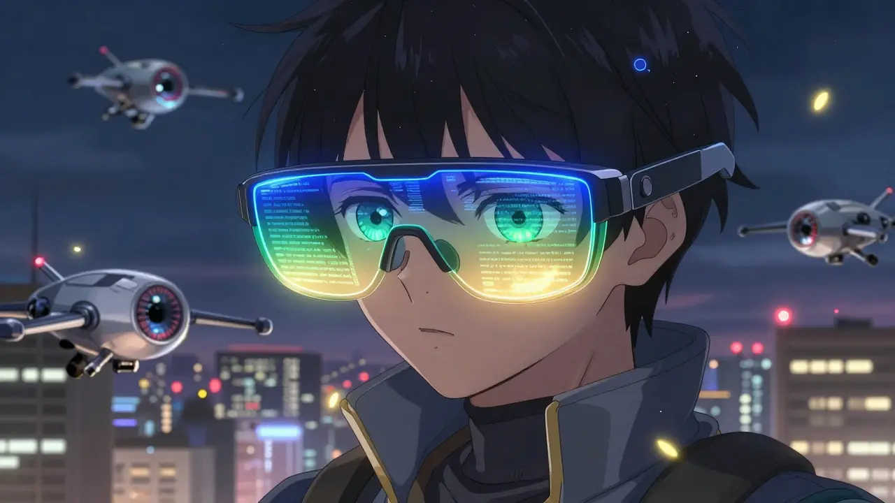 Futuristic progressive lenses with color-coded zones projecting light onto a cityscape skyline.
