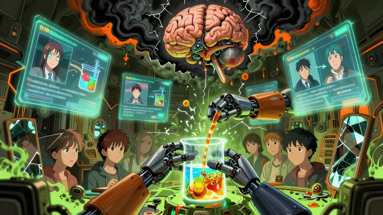 Holographic DXM extraction tutorial displayed above robotic hands mixing chemicals, faces watching in hollow mirrors.