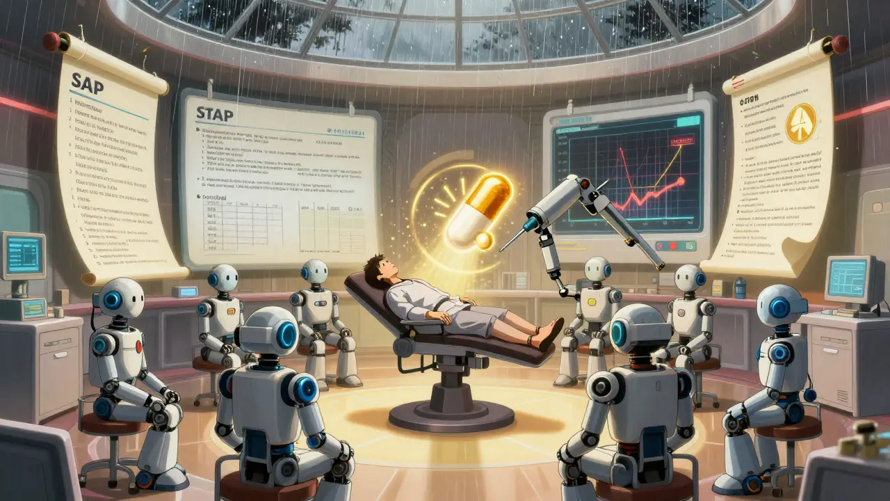 Pharmacist robots analyze a patient’s medications in a high-tech clinic, displaying digital graphs and FDA ratings in a glowing, futuristic space.