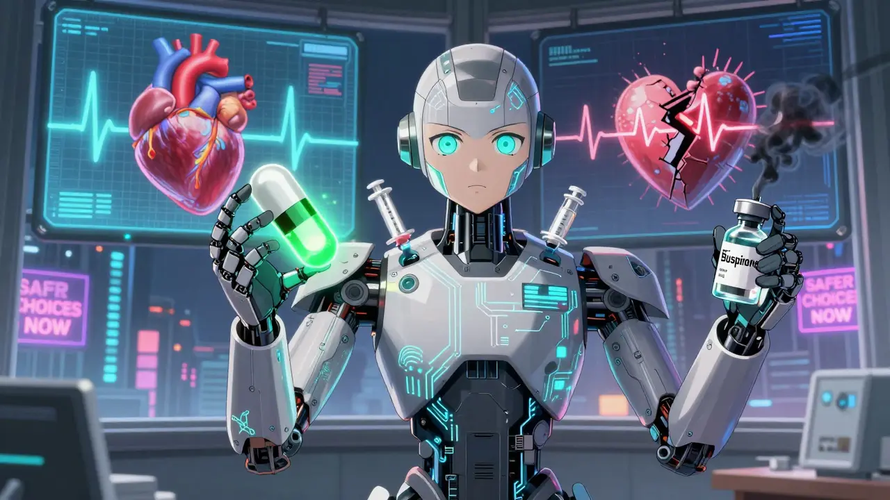 Pharmacy robot offers safe alternative while hydroxyzine vial shatters in dark smoke.