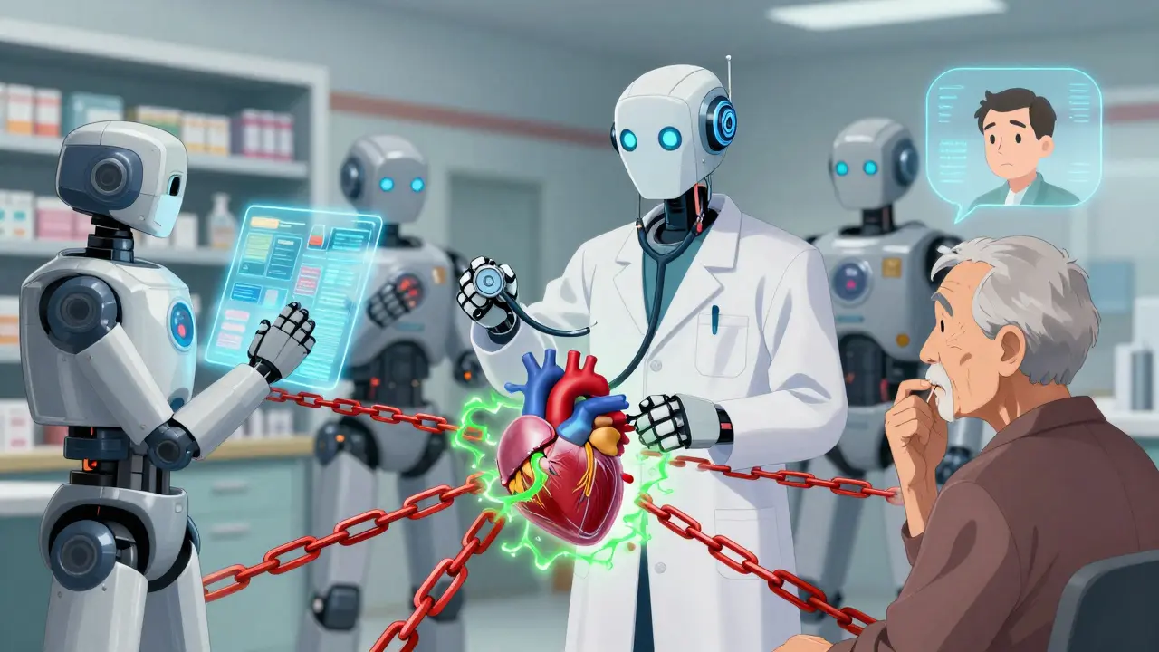 Robotic assistants work together to analyze drug interactions and protect a patient from harmful medications.