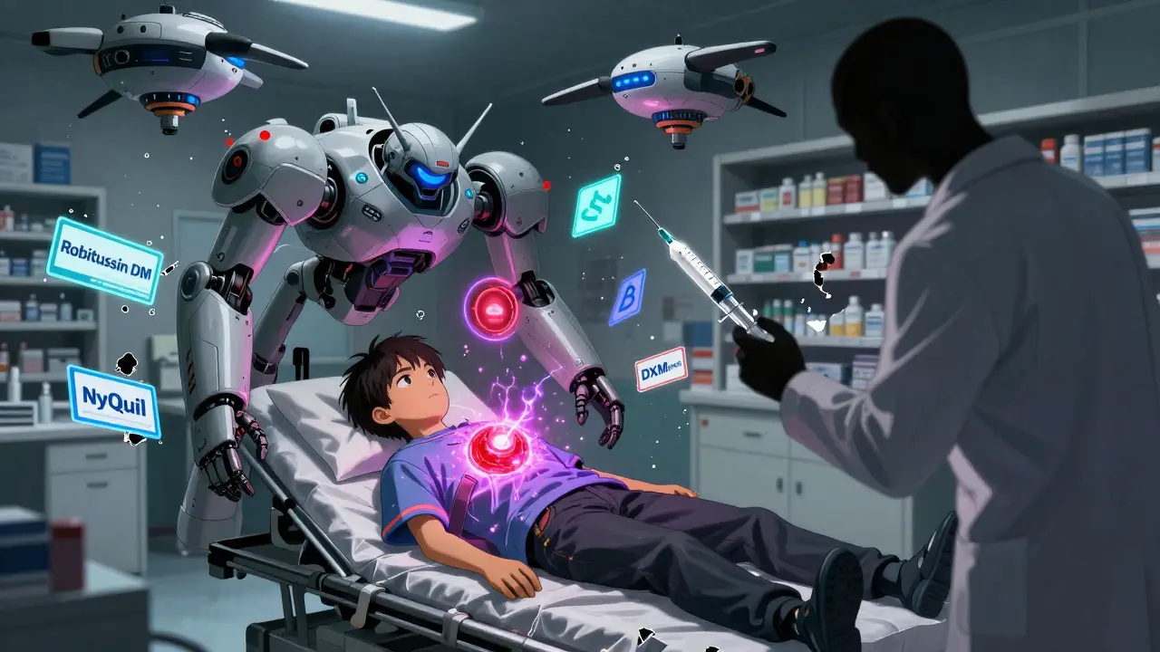 Teen in emergency room with glowing overdose energy core, medical drones and floating drug labels surrounding them.