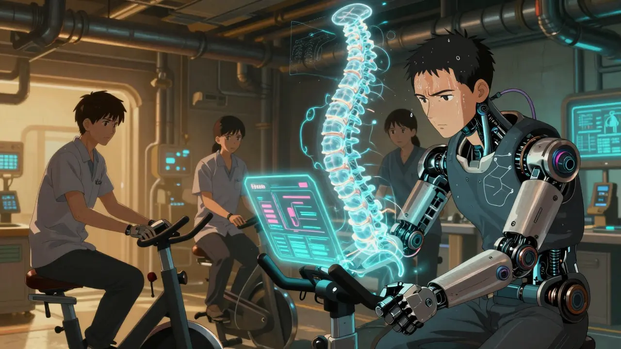 Therapists using robotic arms and FES bikes with holographic data streams around a patient in rehab.