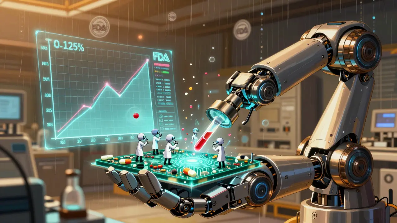 Tiny scientists analyze blood samples inside a robotic palm with glowing pharmacokinetic graphs.