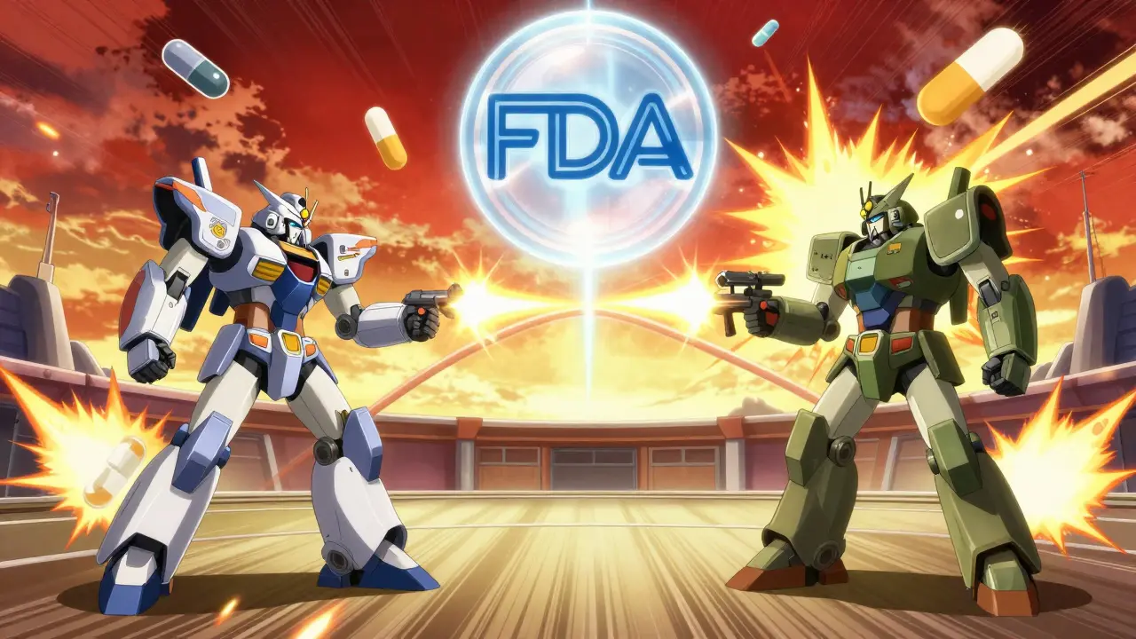 Two robotic drug forms battle, their energy pulses merging into a single bioequivalence curve.