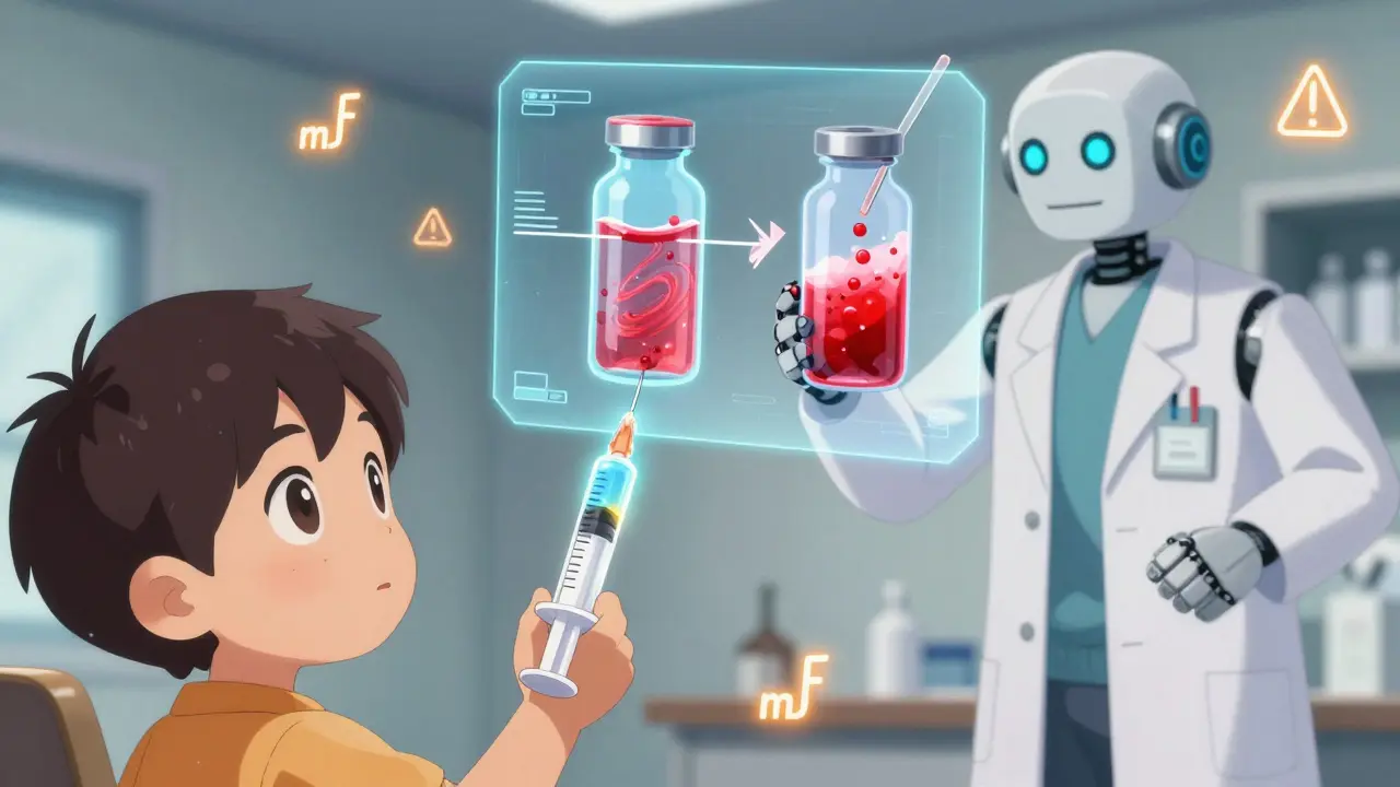 A child uses a color-coded syringe as a hologram shows correct vs. dangerous dosing methods, with floating mL symbols and warning icons.