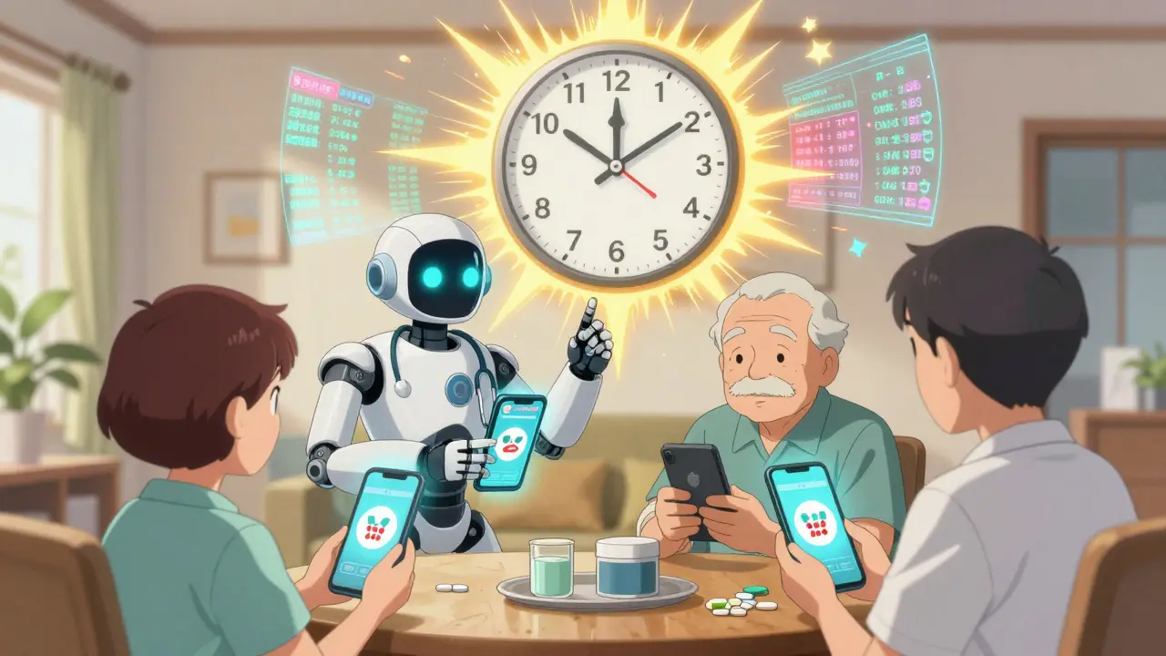 A family uses AR phones to monitor medications as a robotic guardian watches over an elderly man.