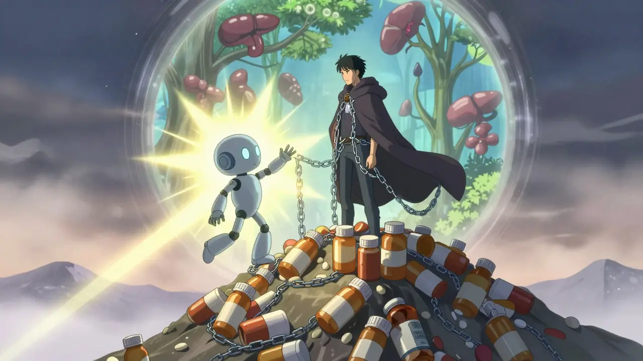 A person stands on a mountain of pills as a small robot dissolves their chains with light, symbolizing hope for freedom from drugs.