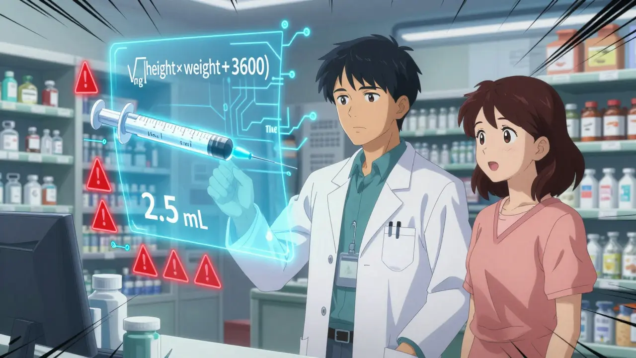 A pharmacist and parent view floating mg/kg calculations and a dosing syringe in a futuristic pharmacy, with warning glyphs flashing red.