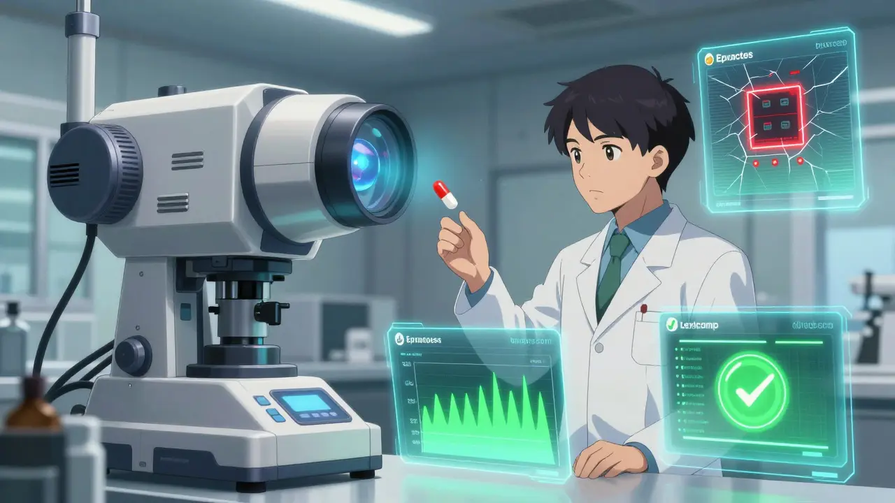 A pharmacist uses a high-tech scanner to identify pills, with competing app interfaces glowing nearby.