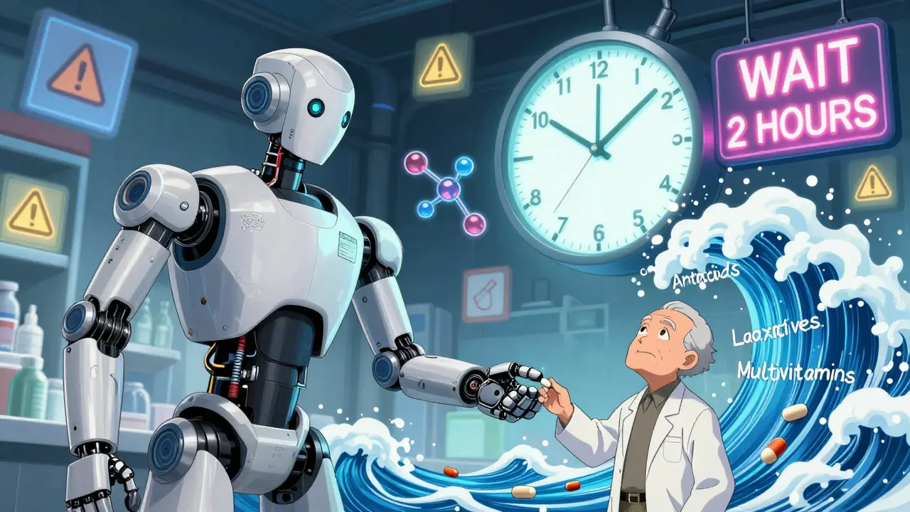 A pharmacy robot holding a bisphosphonate pill while blocking a wave of magnesium supplements with a two-hour clock above.