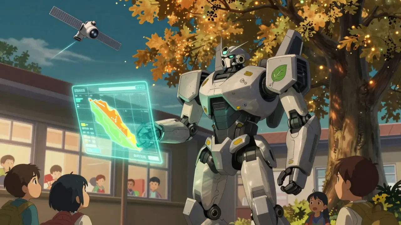 A protective mech projects a pollen forecast over a schoolyard while children watch from inside.