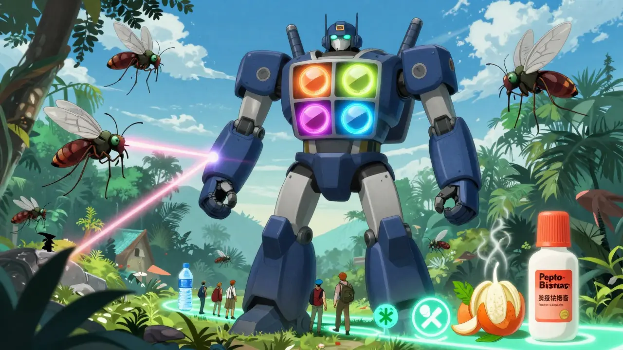 A robot battles giant mosquitoes while displaying malaria pills, guiding travelers with safe food icons.