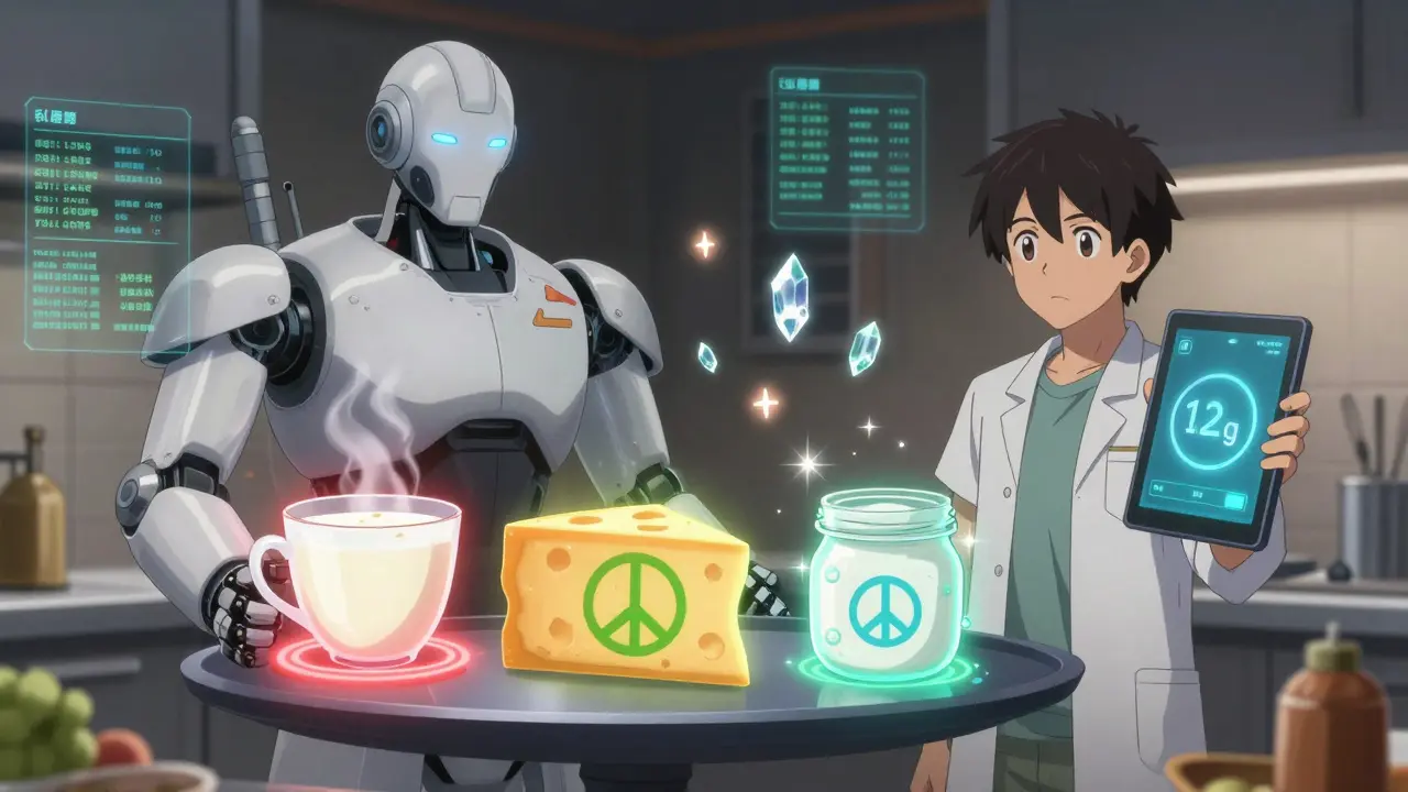 A robotic chef serves three glowing dairy items with different tolerance levels: milk, cheese, and yogurt, next to a lactose meter.