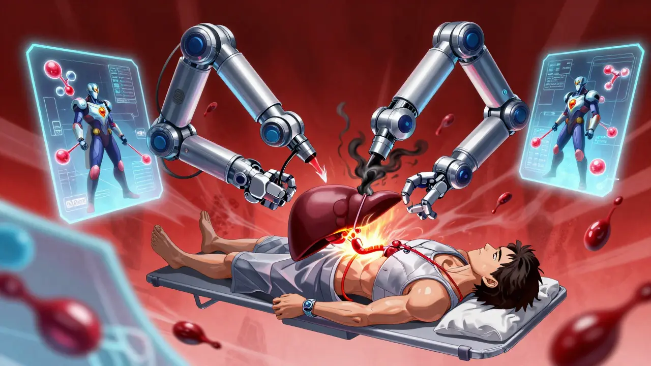 A robotic surgeon performs a transplant on a floating patient, with holograms of drugs and immune warriors in battle.