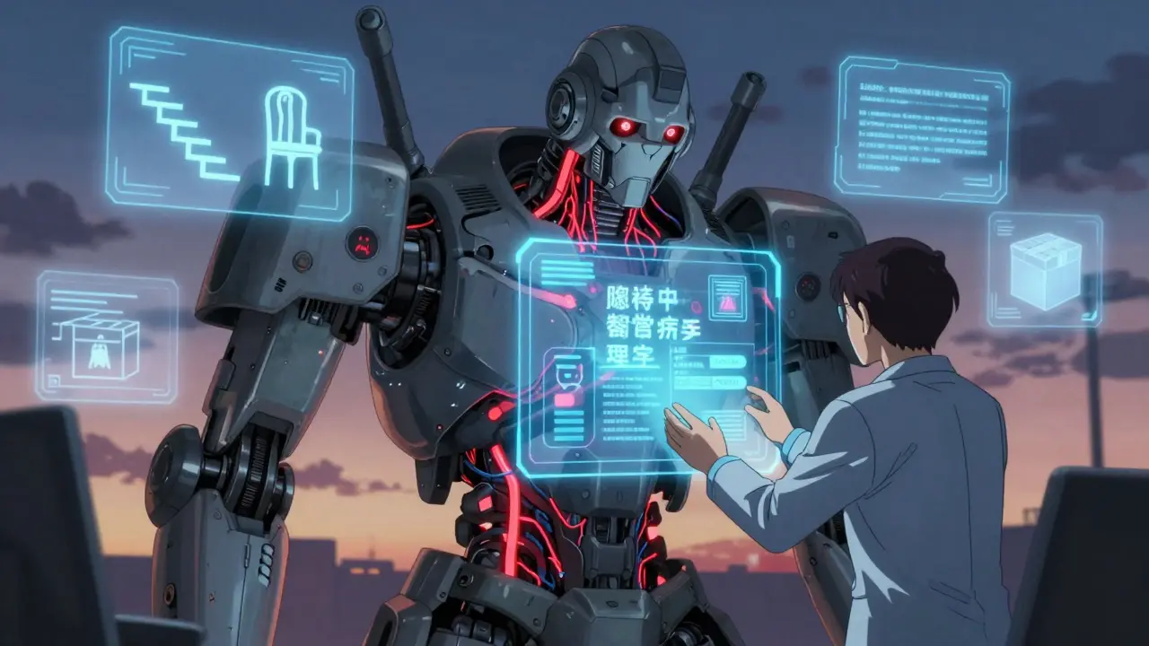 A weary robot with unstable neural wiring being calmed by a therapist projecting educational light.