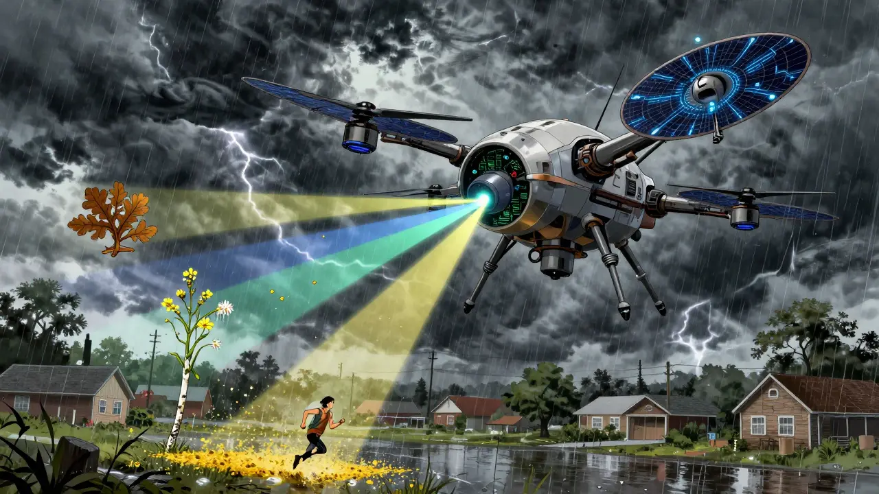 A weather drone beams pollen identifiers over a rainy neighborhood as a runner dashes below.