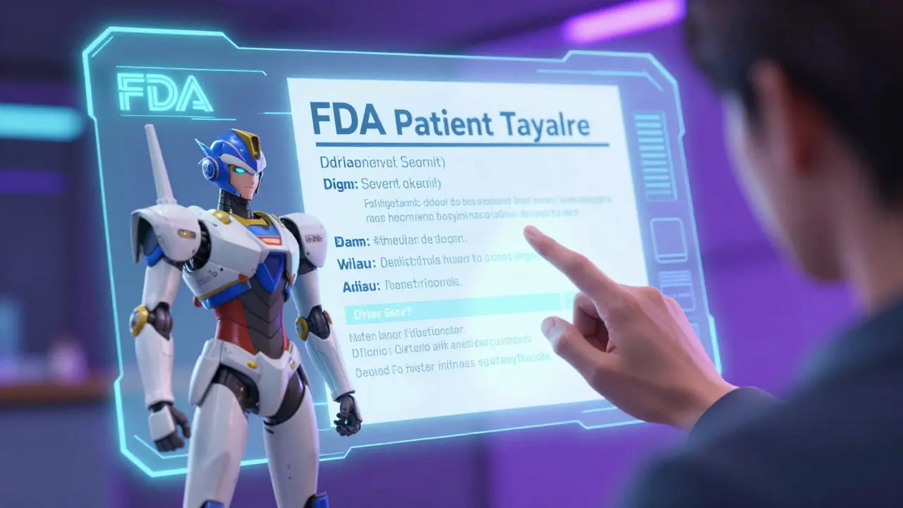 Holographic FDA interface displaying medication guide on tablet