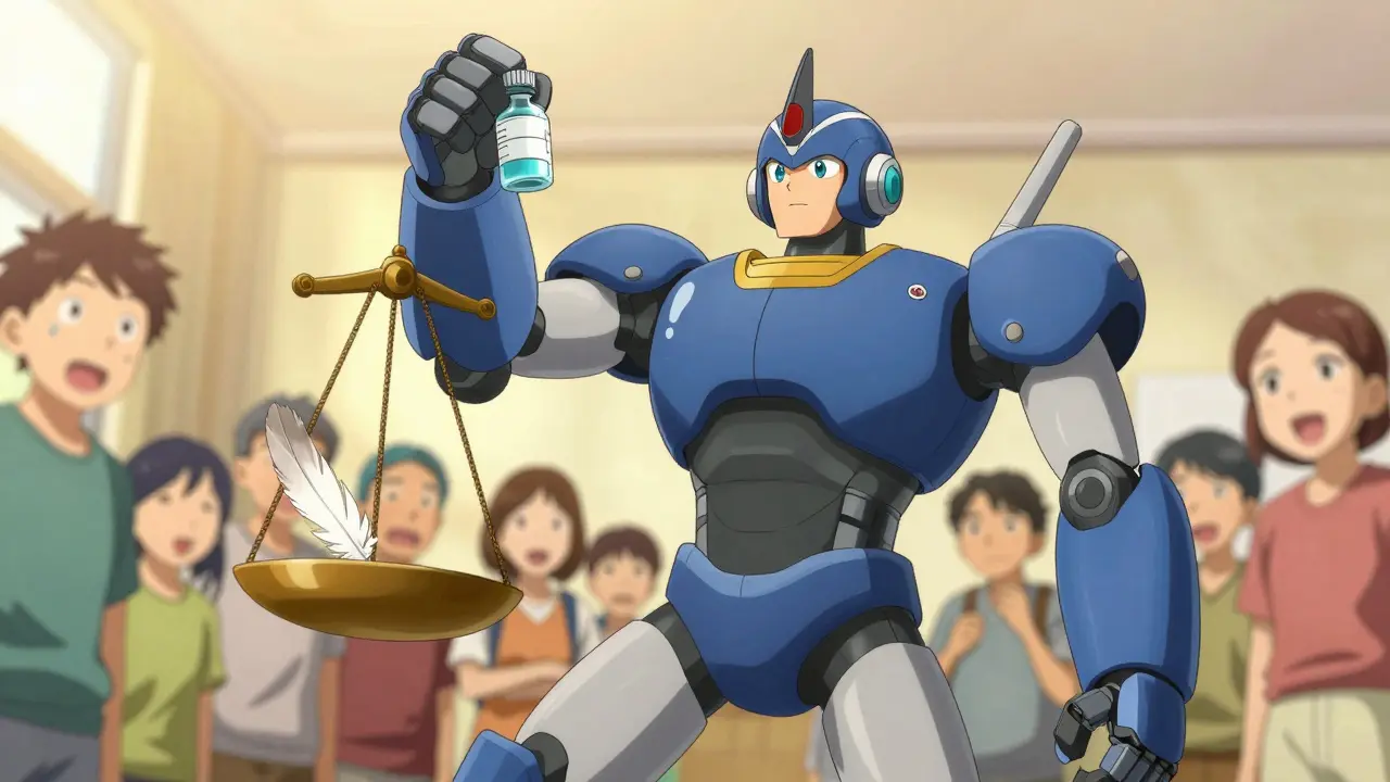 Robot balancing scale between high and low drug prices.