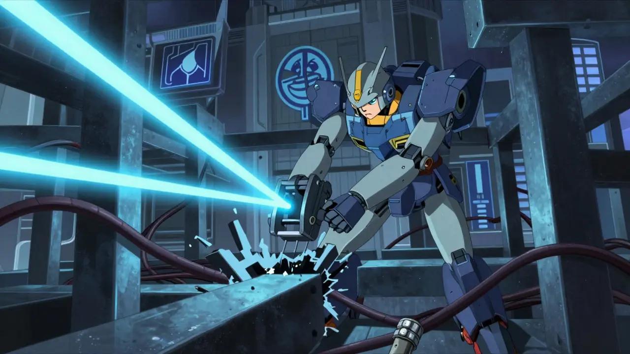 Robot cutting through patent barriers with laser light.