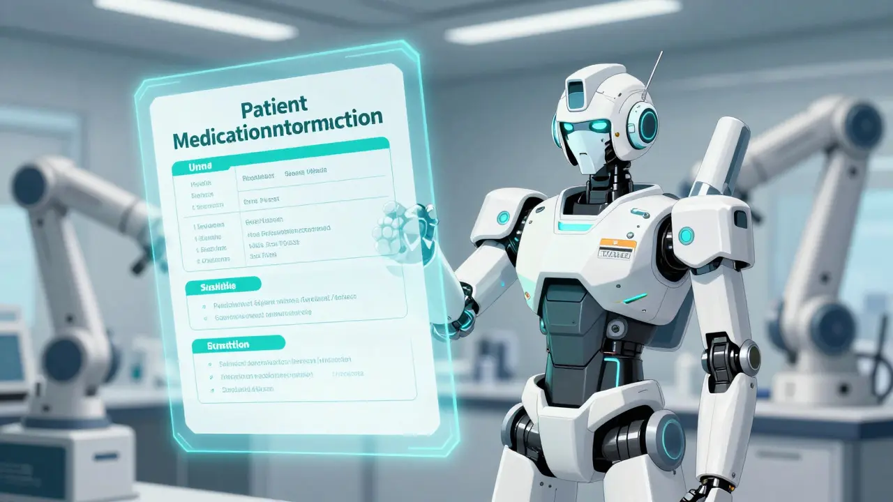 Robot doctor presenting structured PMI document in high-tech lab