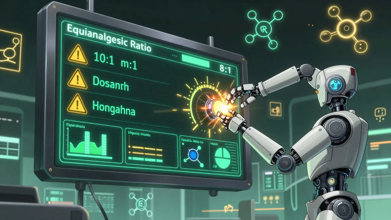 A digital control panel adjusting methadone dosage ratios with molecular structures floating nearby.