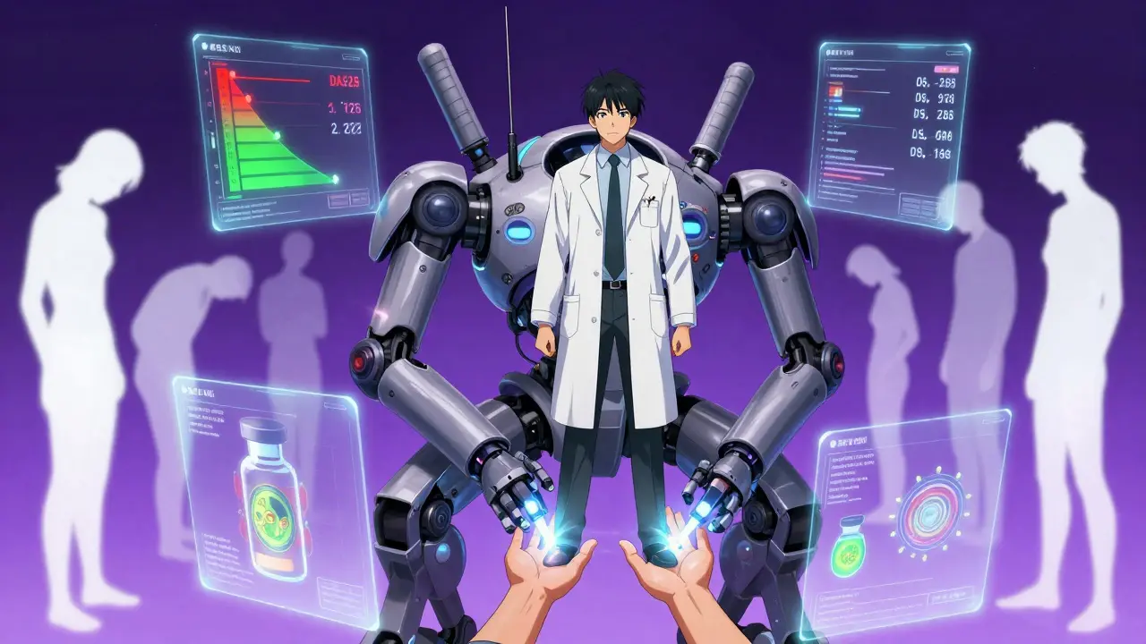 A doctor commands a high-tech machine that transforms RA symptoms into health using holographic data.