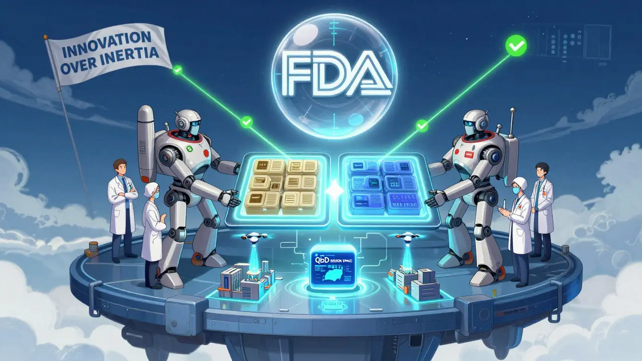 A floating pill splits into two versions, scanned by a giant FDA emblem with green checkmarks for equivalence.