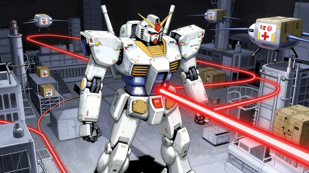 A futuristic robot connected by a glowing supply chain pipe to a distant factory hub.