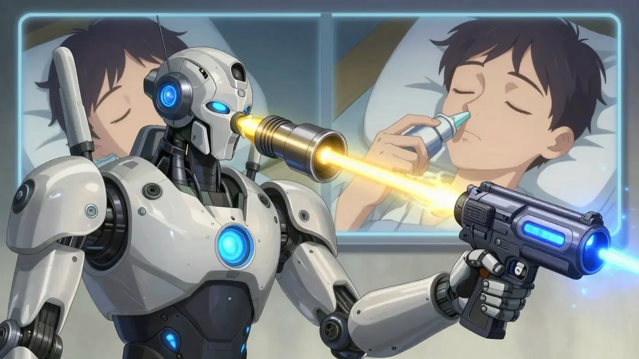 A humanoid robot using a nasal corticosteroid cannon and antihistamine pistol to relieve allergy symptoms, with peaceful patient in background.