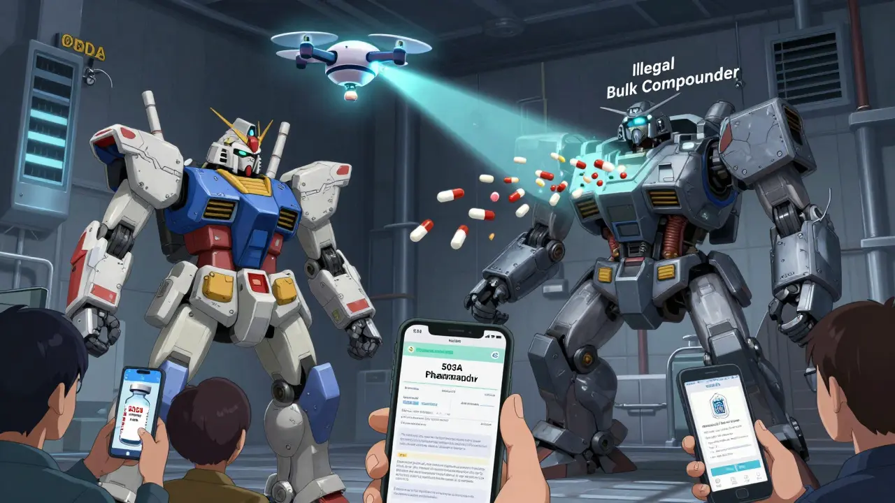 A lawful compounding pharmacy mech battles a rogue factory-bot as an FDA drone shuts it down.