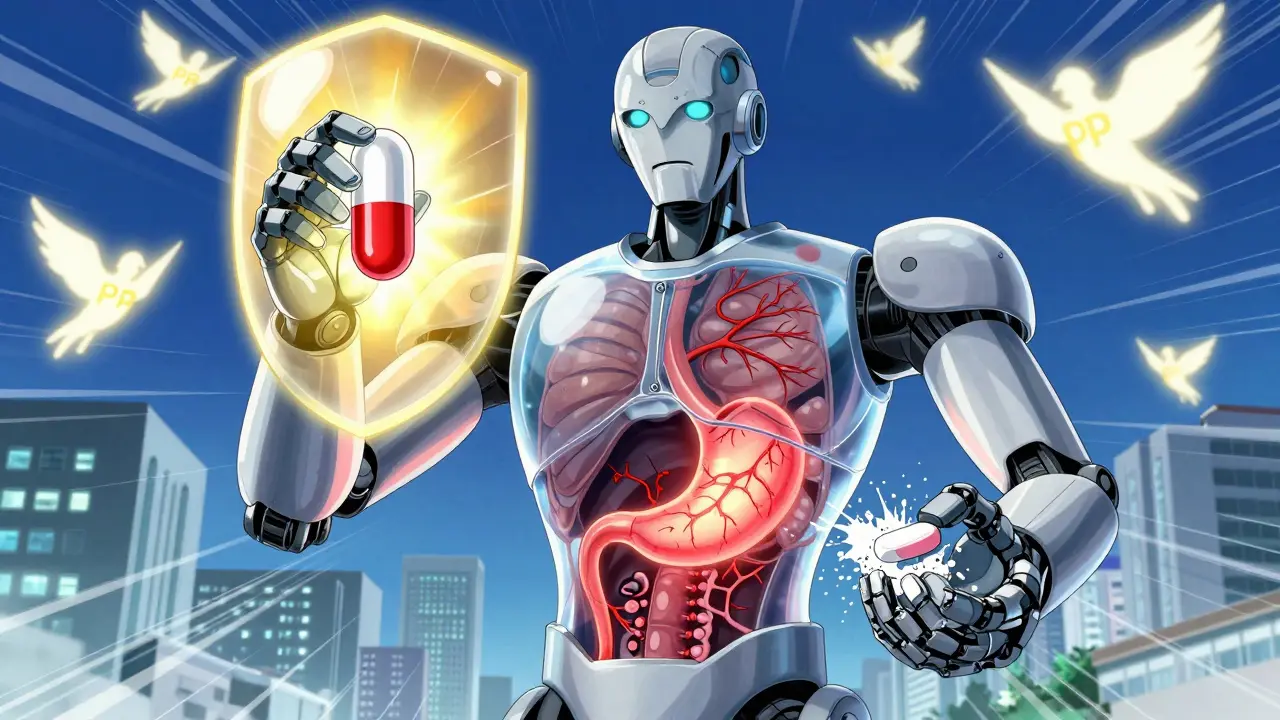 A medical robot shielding a stomach ulcer with a golden PPI capsule, crushing NSAID tablets in the background.