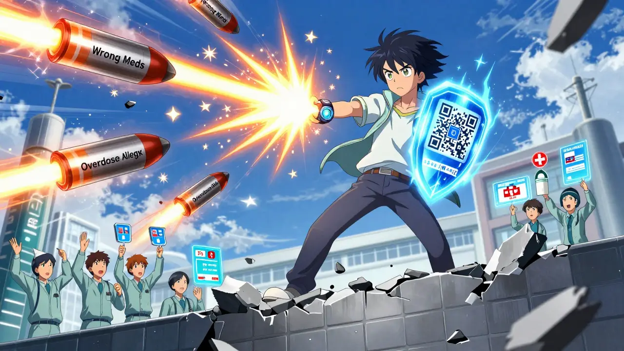 A person stands atop a hospital wall, their QR bracelet blocking deadly drug-error missiles with a radiant energy shield.