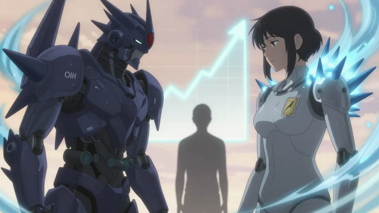 A robot neutralizing pain spikes from OIH with a calming blue wave, representing opioid rotation’s therapeutic effect.