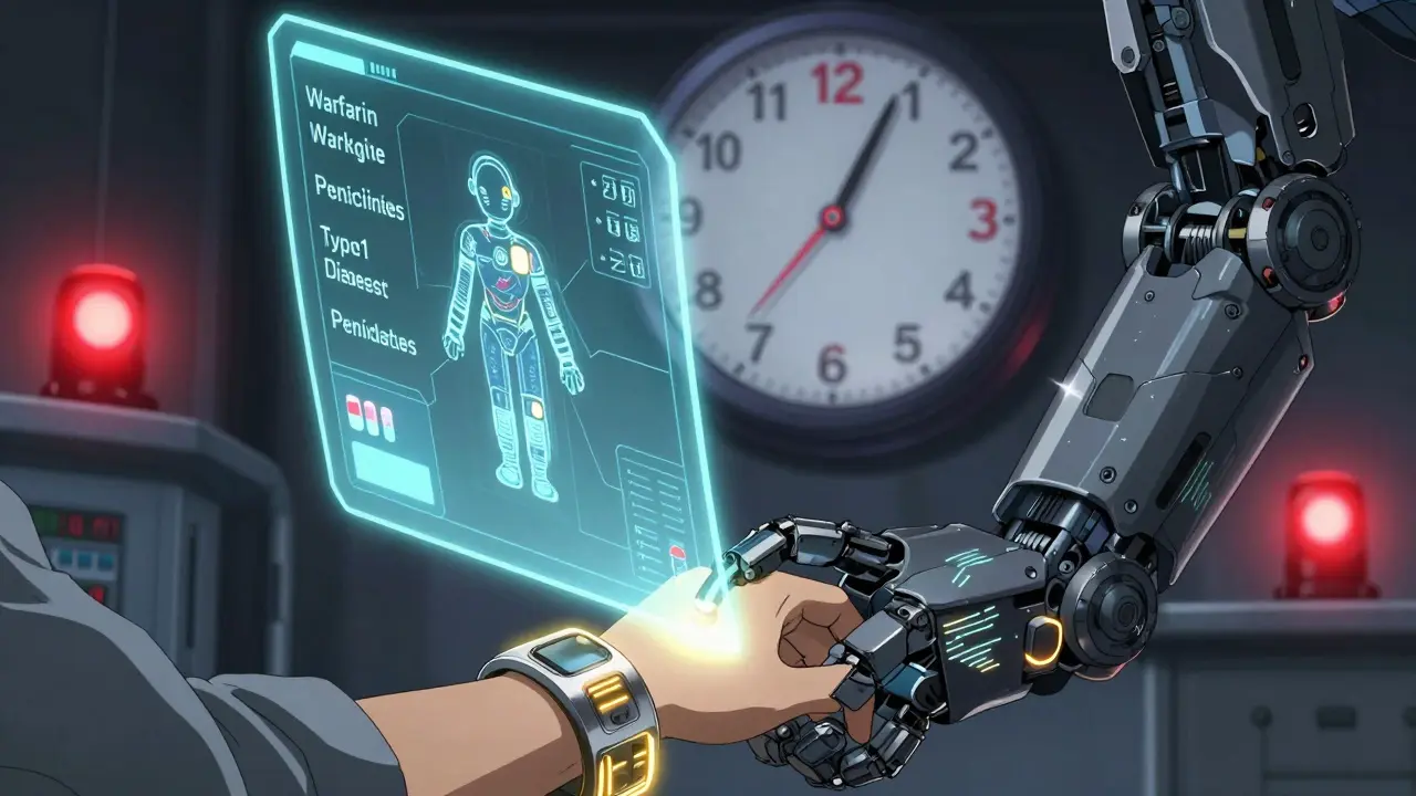A robotic arm scans a patient's wrist, revealing a massive hologram of medication history in an emergency room.