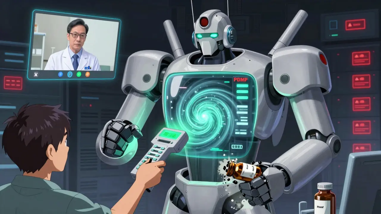 A robotic pharmacist scans prescriptions and crushes illegal pills while a telemedicine call glows nearby.