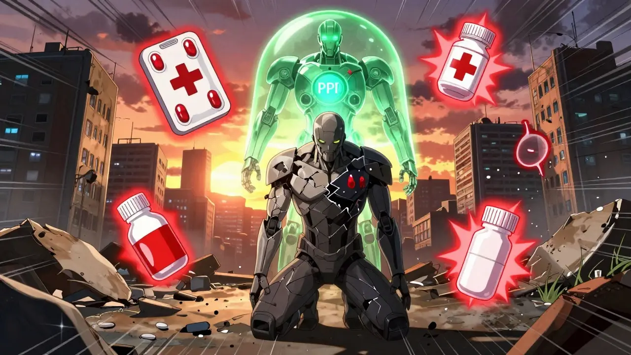 A wounded person protected by a glowing robotic guardian as dangerous medications hover like threats around them.
