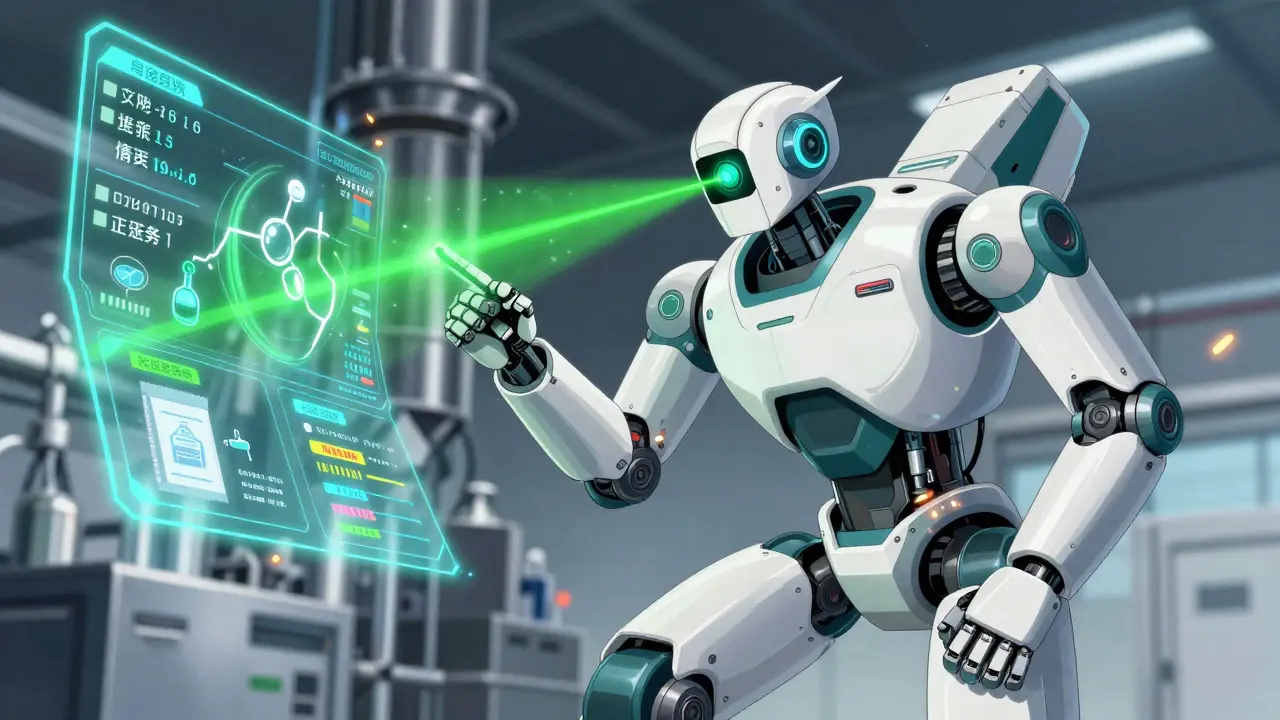 An advanced inspection robot scanning quality control data on a production line.