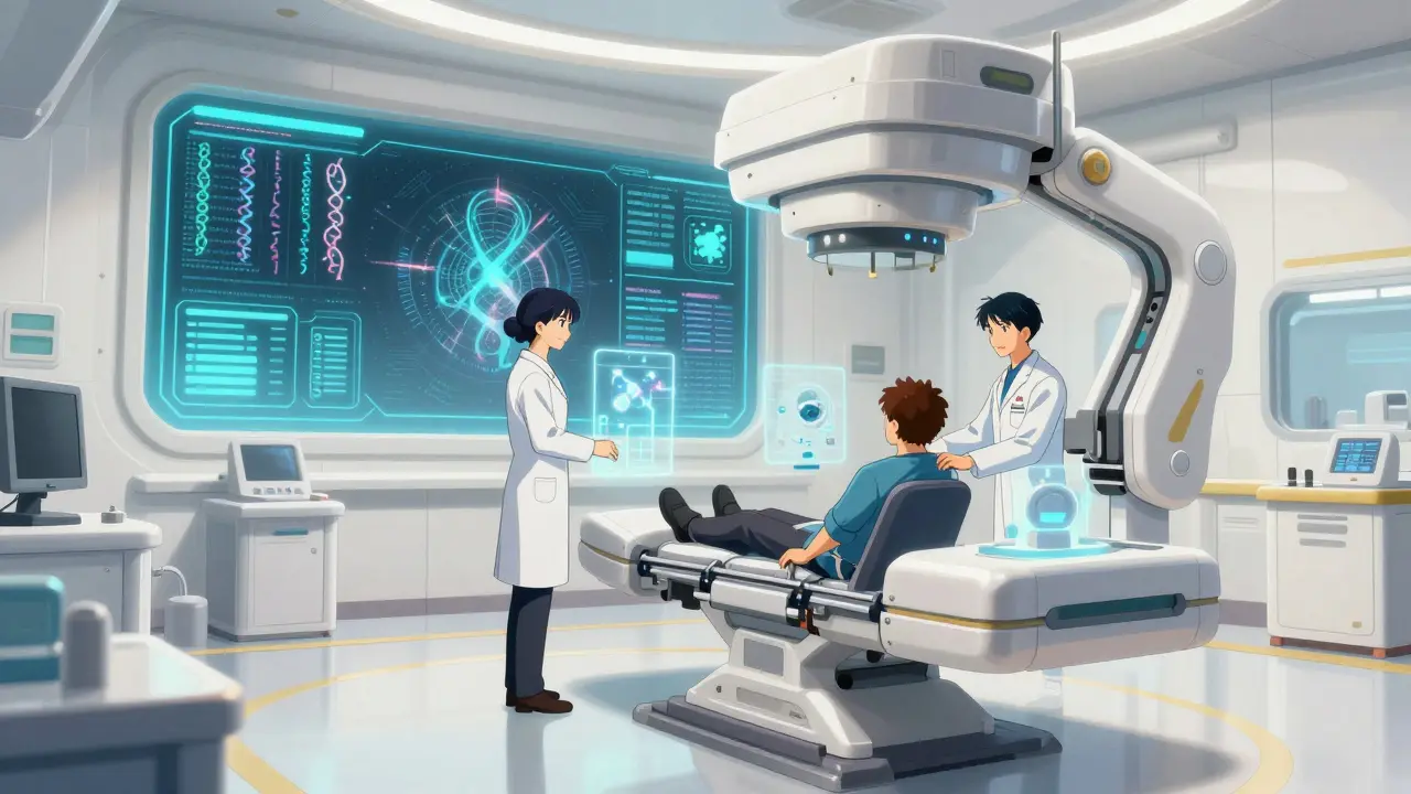 Futuristic medical scan lab with glowing holographic data screens