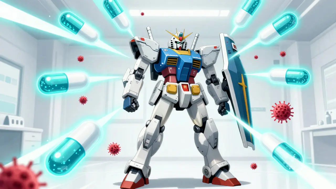 Mech deploying shield of medical supplies against red spore particles