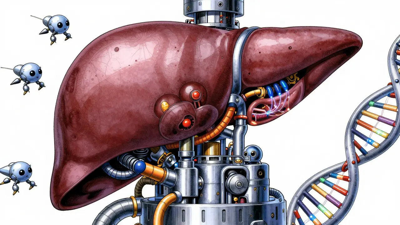 Mechanical liver engine processing drugs with robotic enzymes